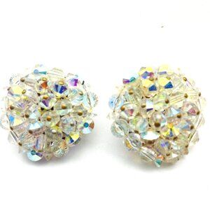 HOBE Signed Earrings Aurora Borealis Crystal Bead Cluster Vintage Clip On